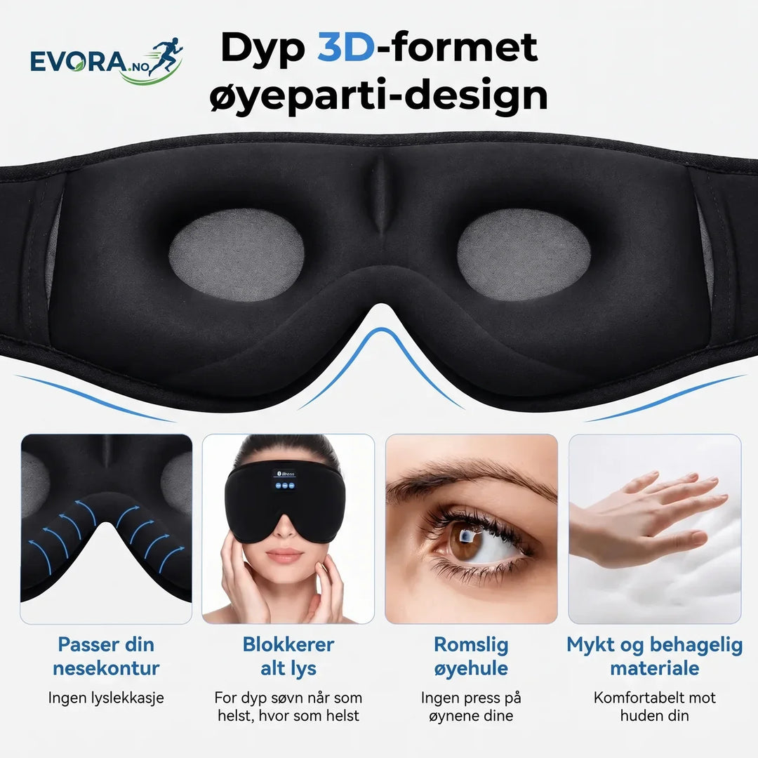 Innovativ søvnmaske med trådløse Bluetooth hodetelefoner for musikk og avslapning. Optimal lyd for dyp søvn.