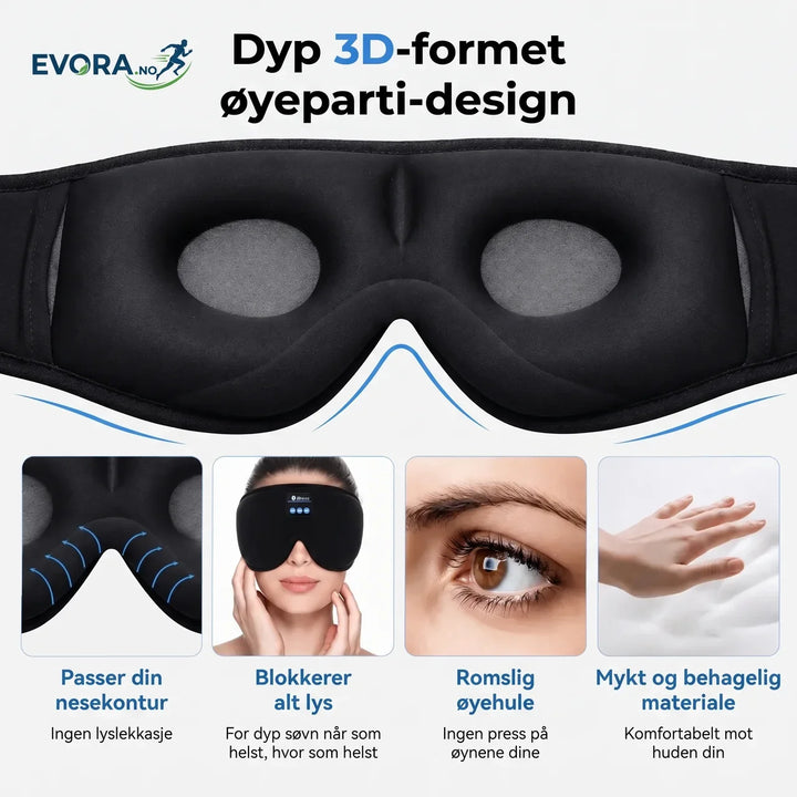 Innovativ søvnmaske med trådløse Bluetooth hodetelefoner for musikk og avslapning. Optimal lyd for dyp søvn.