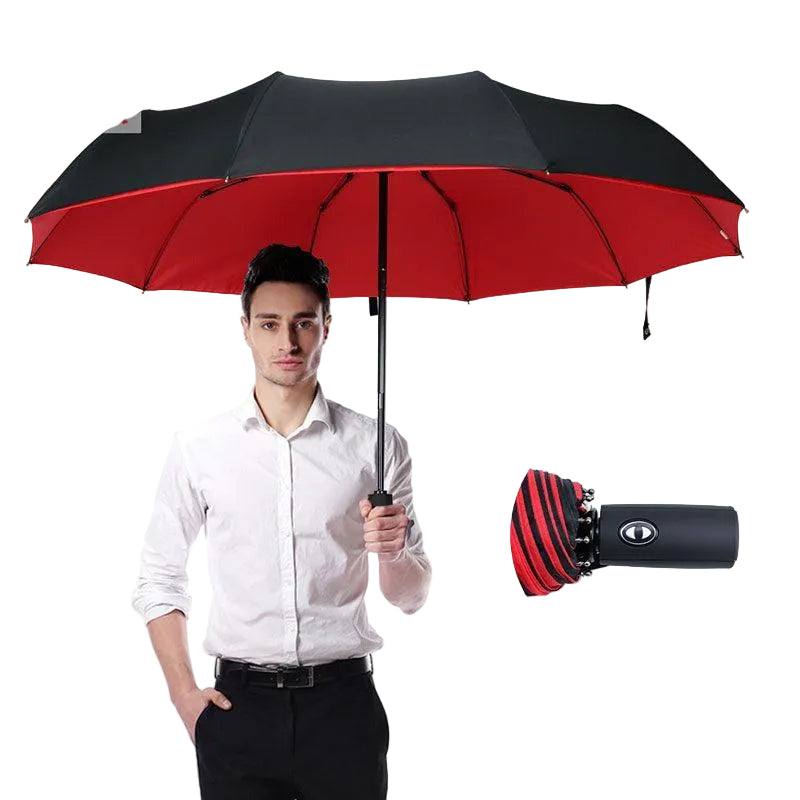 Automatisk stormparaply i svart, vindtett for dame & herre. Beskytter mot regn og vind.