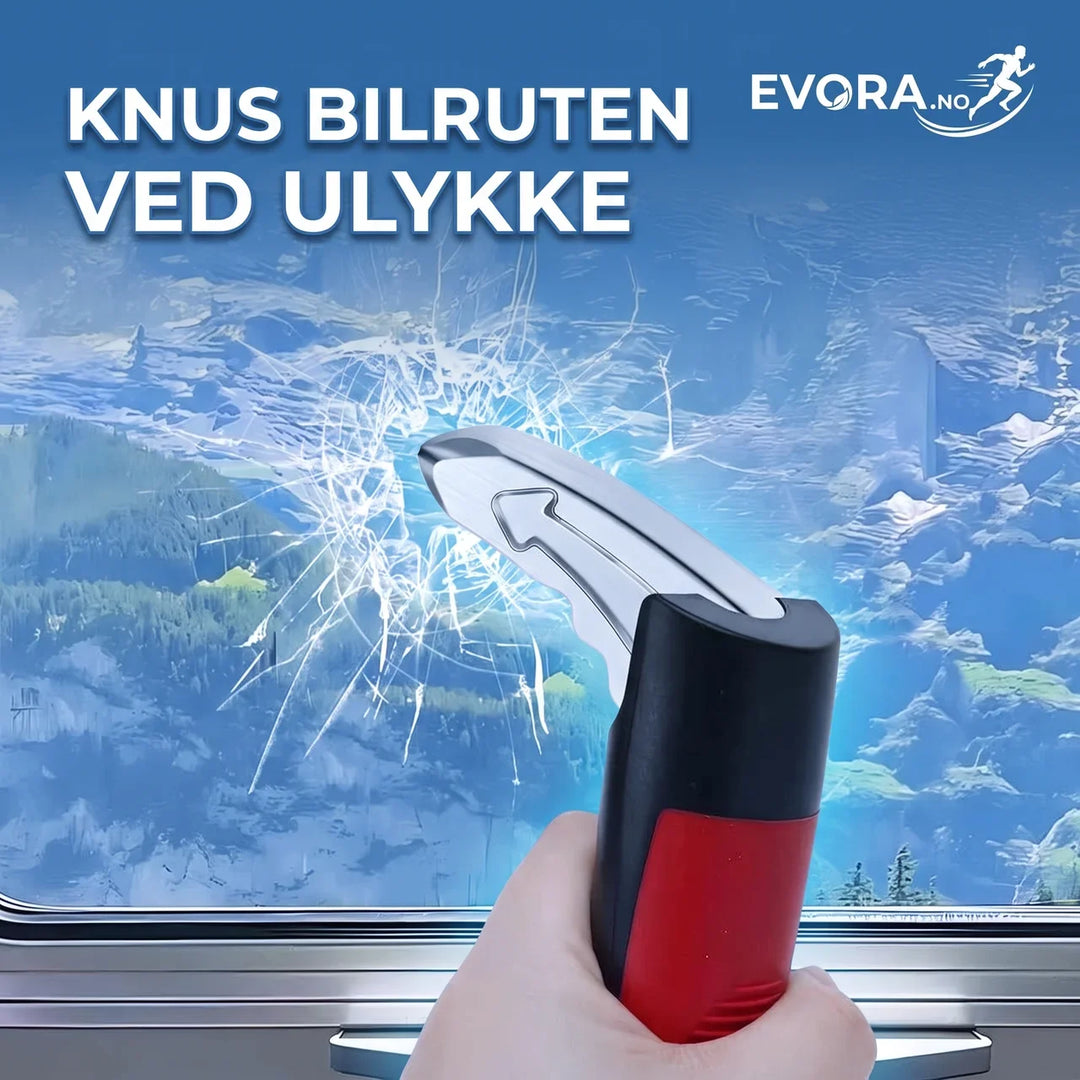 Bilhåndtak med innebygd nødhammer og beltekutter; et viktig sikkerhetsverktøy for alle bilister.