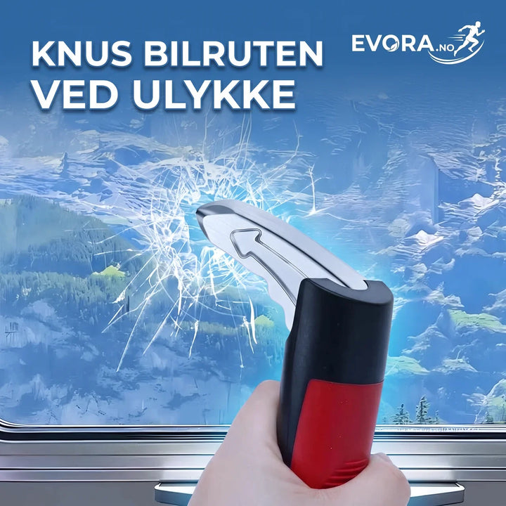 Bilhåndtak med innebygd nødhammer og beltekutter; et viktig sikkerhetsverktøy for alle bilister.