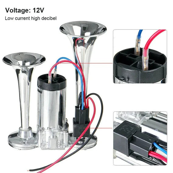 Universal 12V kjøretøyhorn. Kompatibelt med bil, lastebil, båt. Kompakt, ekstremt høyt toghorn.
