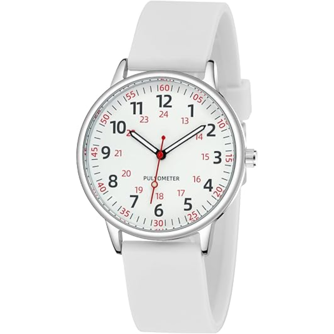 Fargerik vanntett sykepleierklokke med tydelig sekundviser, unisex design.