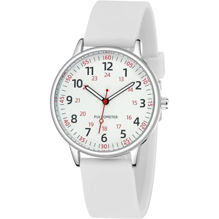 Fargerik vanntett sykepleierklokke med tydelig sekundviser, unisex design.