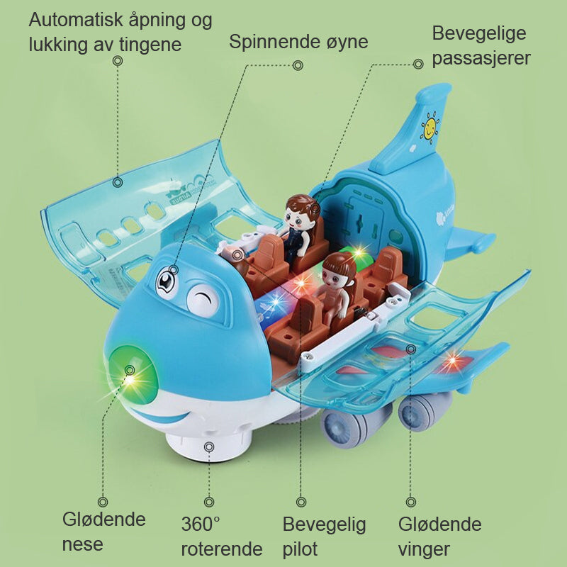 Barnas elektriske lekefly i full sving, roterer 360°. Gir interaktiv moro og stimulerer barnas fantasi og bevegelse.