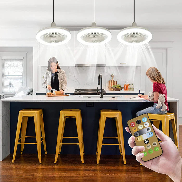 Elegant takvifte med moderne design, integrert LED-lampe og fjernkontroll for innendørs bruk.