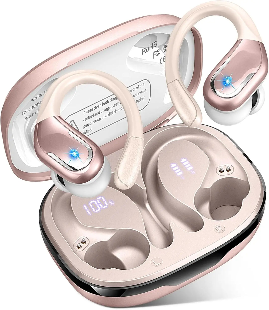 Trådløse sport ørepropper i svart med ladeetui. Bluetooth 5.3 for musikk, lang batteritid, vanntett IPX7.