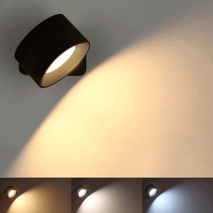Nærbilde av den oppladbare trådløse vegglampen, viser elegant finish og kompakt design for moderne hjem.