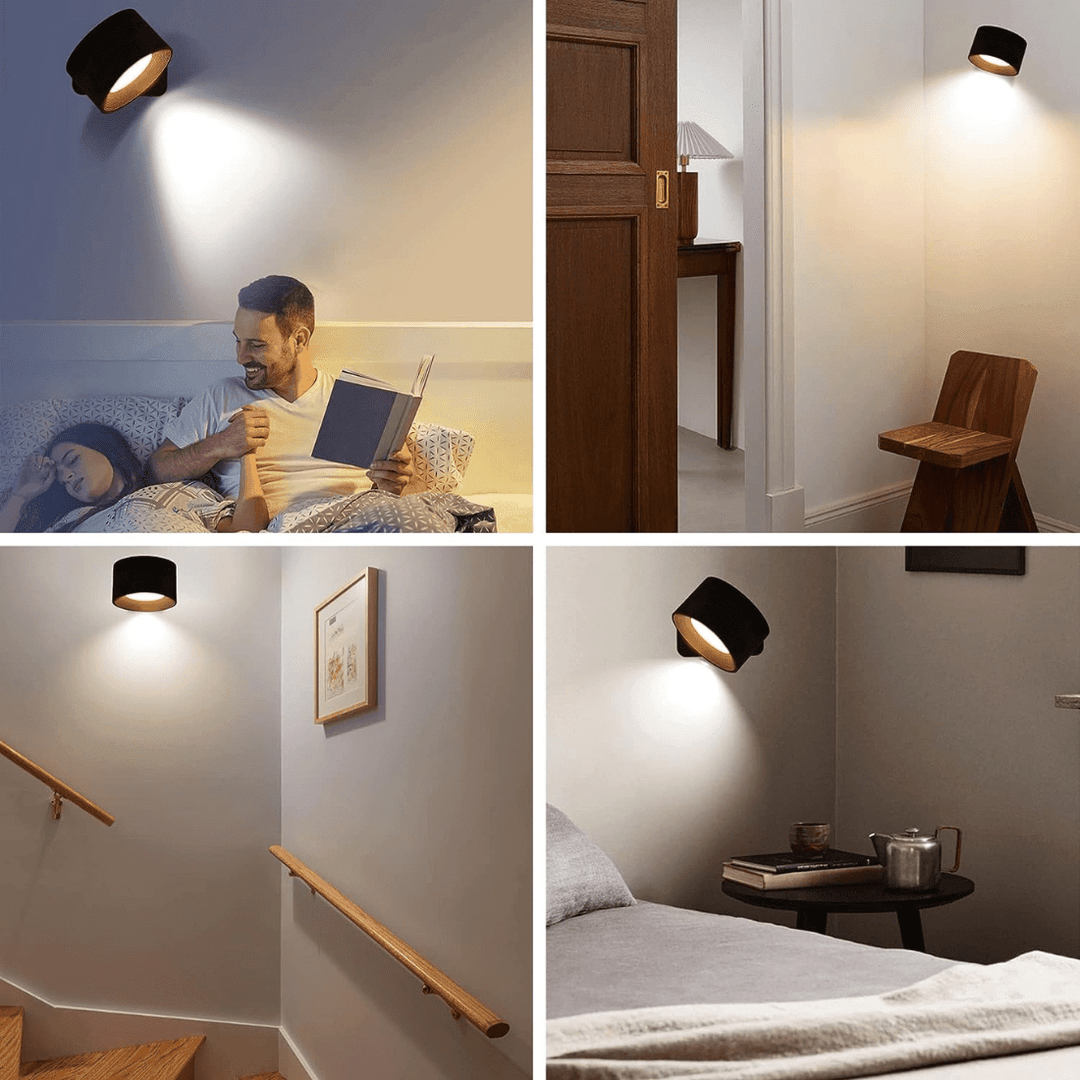 Trådløs LED-vegglampe som sprer varmt og justerbart lys, perfekt for hyggelig atmosfære og funksjonell belysning.