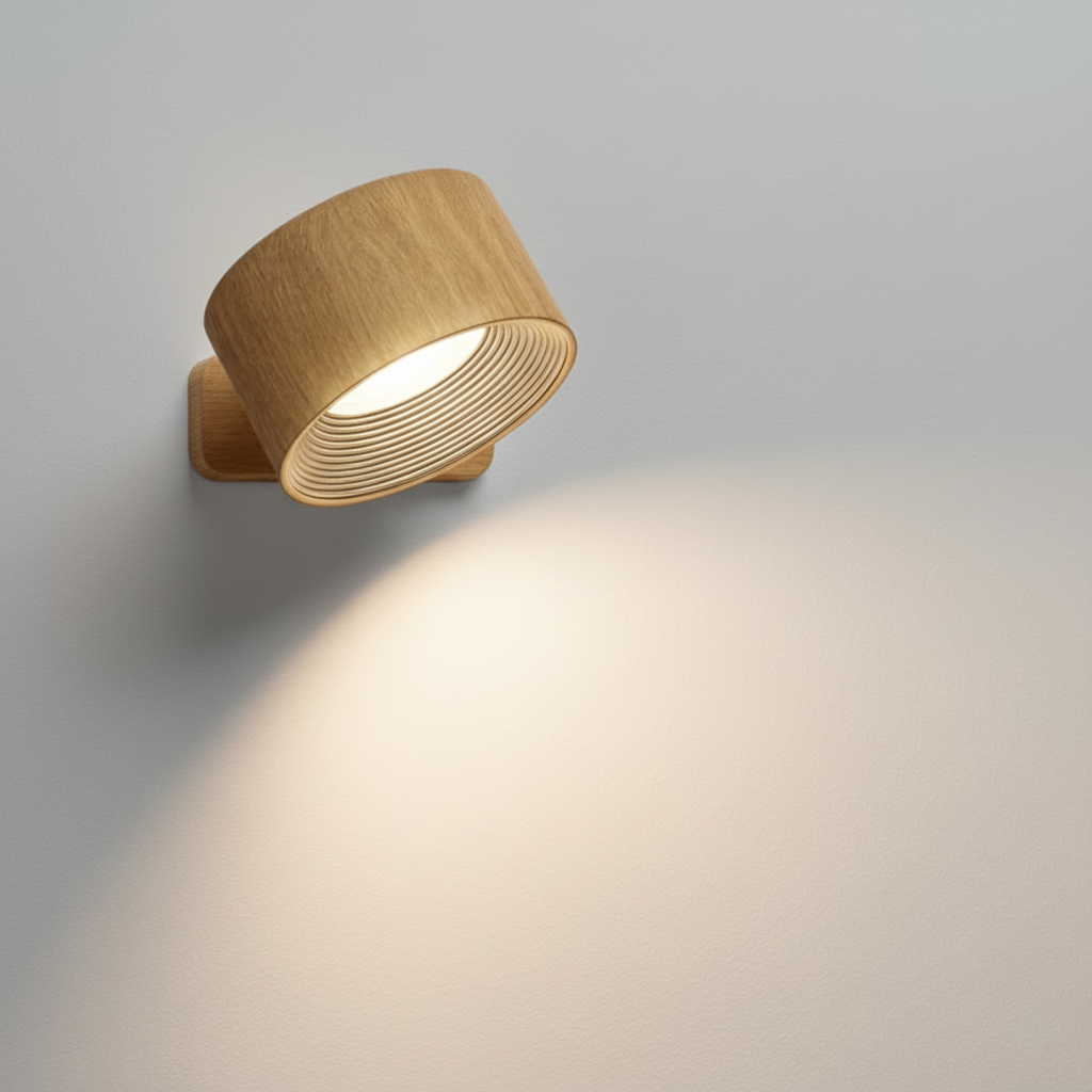 Elegant trådløs vegglampe sett fra siden, fremhever det slanke designet og den enkle 360° justeringen.