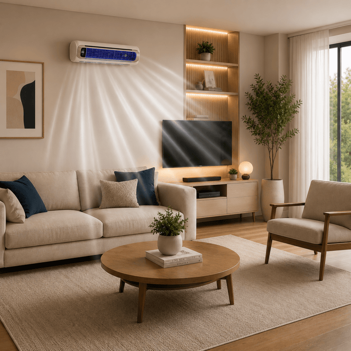 Trådløst klimaanlegg som sikrer optimal hjemmekjøling og frisk luft. Stilrent design for moderne innredning, grå.