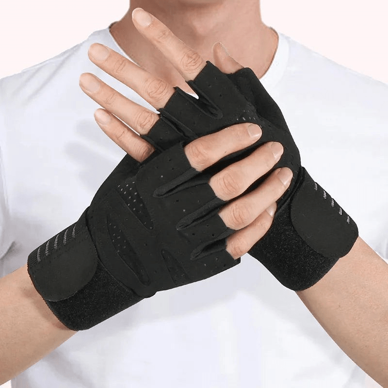Sorte treningshansker, unisex, med polstret håndflate og sterk håndleddsstøtte for tunge løft.