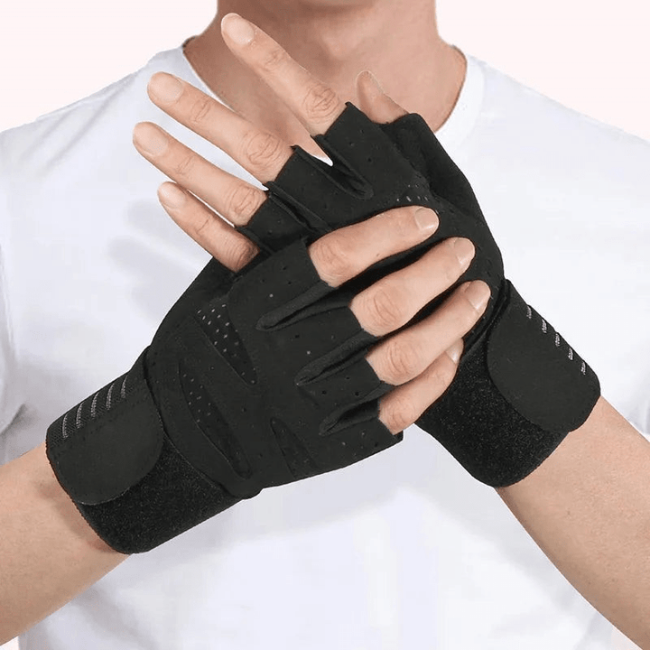 Sorte treningshansker, unisex, med polstret håndflate og sterk håndleddsstøtte for tunge løft.