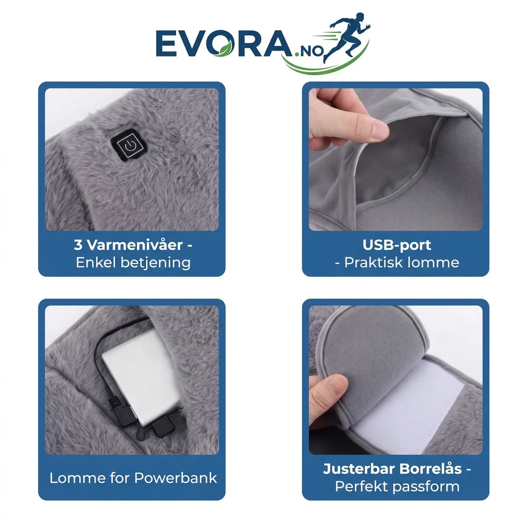 Praktisk USB-varmebelte med håndvarmer, enkelt å lade. Gir bærbar oppvarming og komfort for kropp og hender.