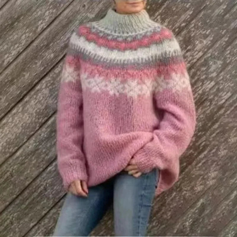 Stilig fargeblokk strikkegenser for kvinner. Rund hals, løs passform. Ideell for casual mote.