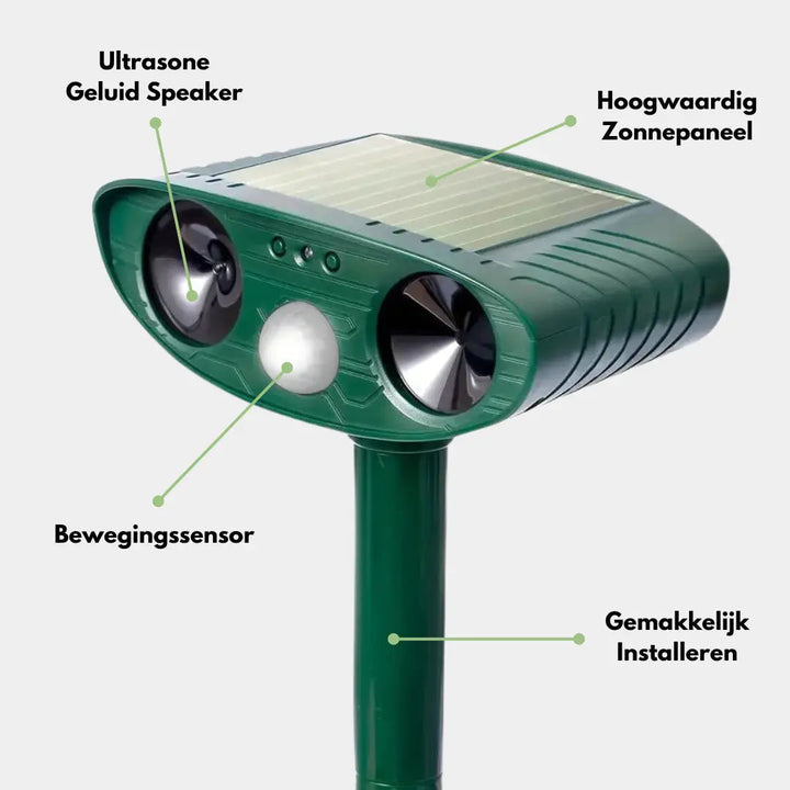 Effektiv utendørs katteskreller med ultralyd for kattefri sone. Solcelledrevet og enkel å installere.