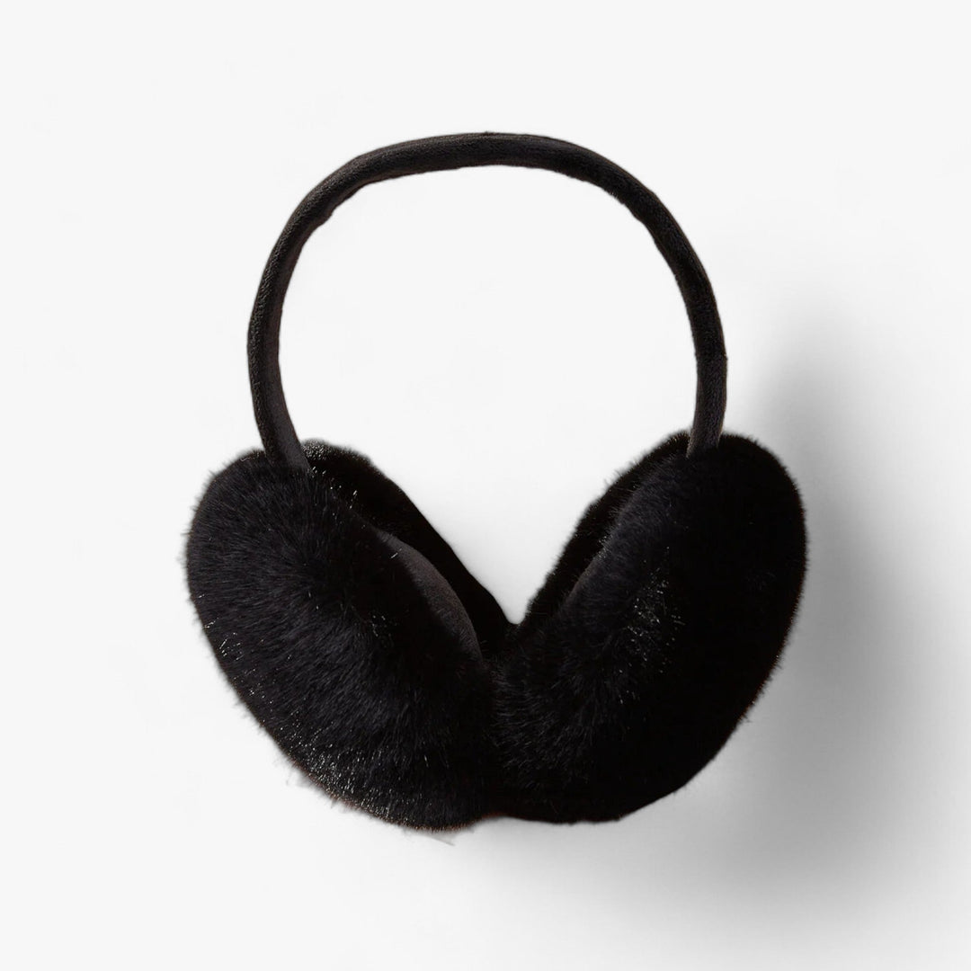 Svarte unisex ørevarmere i fuskepels, sammenleggbare og varme, ideelle for utendørs vinteraktiviteter.
