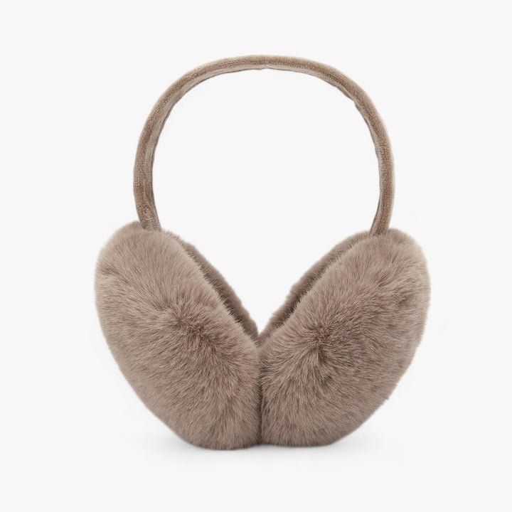 Sammenleggbare ørevarmere i brun fuskepels, unisex design, perfekt for vintermote og komfort.