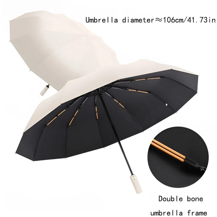 Vindbestandig unisex paraply med solid konstruksjon, holder formen i dårlig vær.