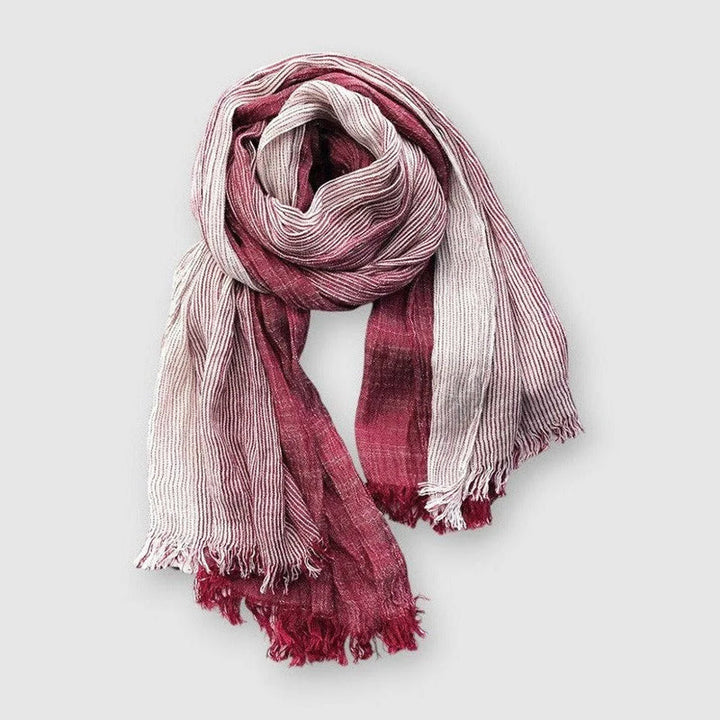 Detaljert bilde av et stripete unisex skjerf. Viser tekstur og fargekombinasjon. Trendy høsttilbehør.