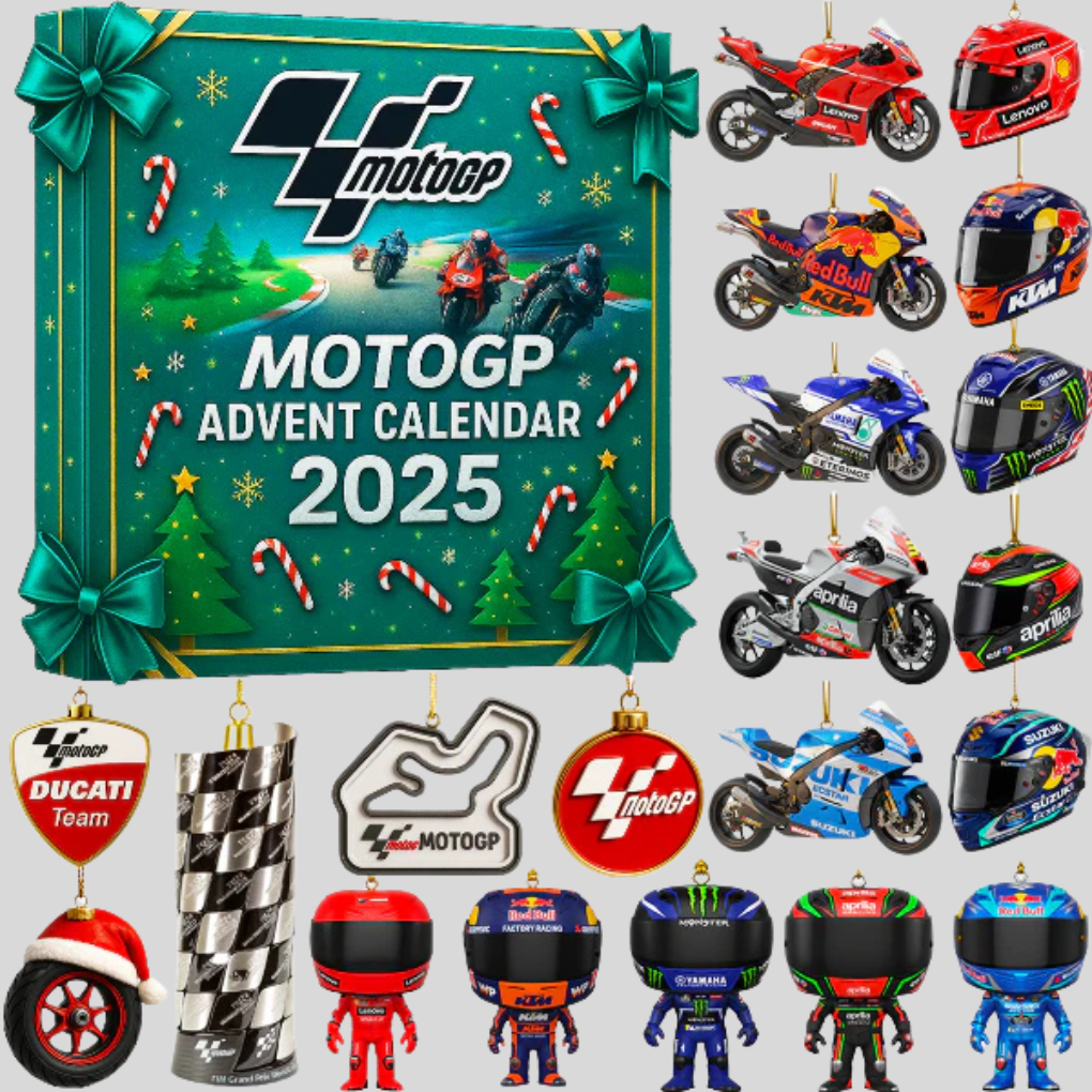 2025 MotoGP Adventkalender for fans. Unikt samleobjekt med 24 dager racing fanutstyr og motorsykkel memorabilia.