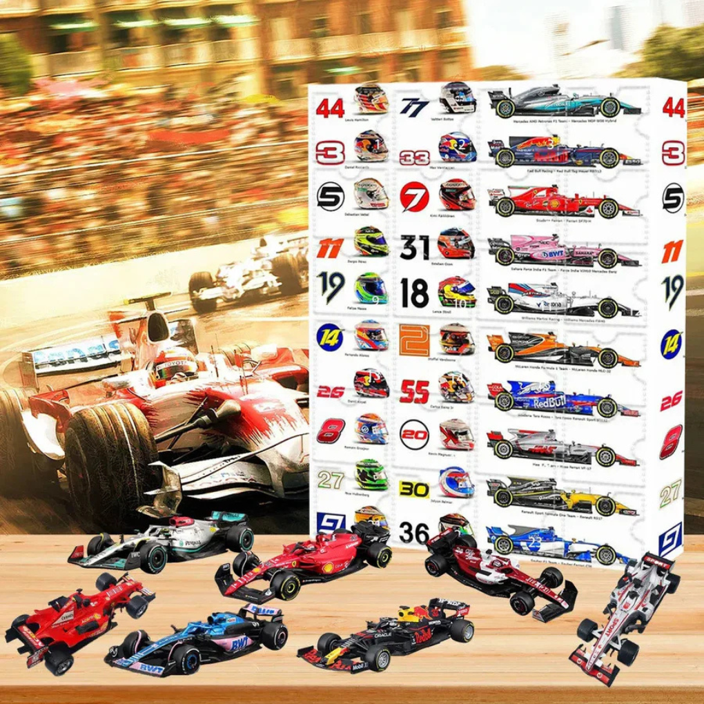 Motorsport adventskalender for fans, et samleobjekt med racingtema, perfekt som julegave til racingentusiaster.