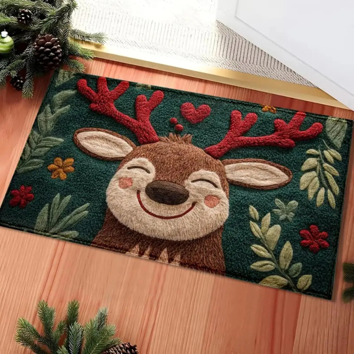 Julematte med søte reinsdyr som ønsker velkommen. Perfekt dørmatte for festlig juledekorasjon i inngangspartiet.