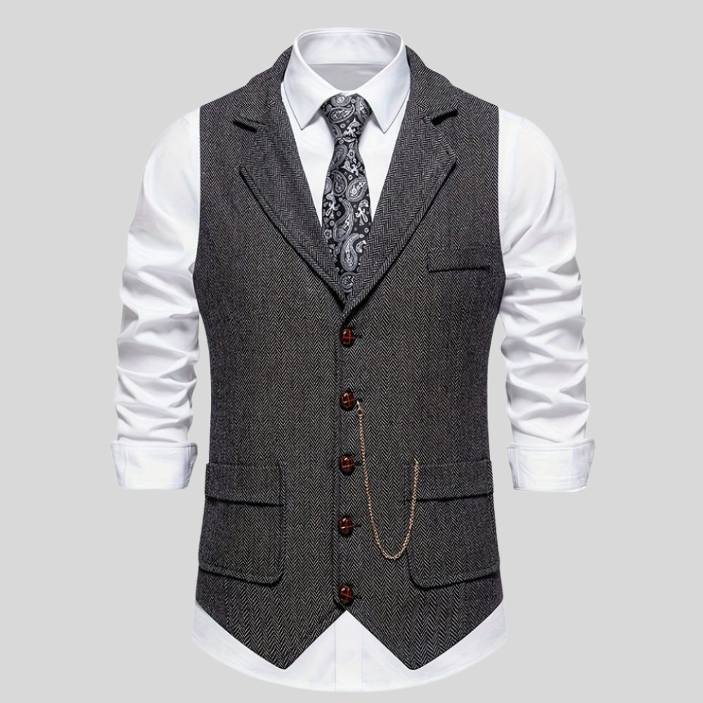 Klassisk menns fiskebensvest i ullblanding. Formell dressvest, perfekt for bryllup, business. Tilgjengelig i marineblå, grå.