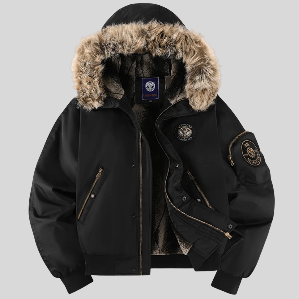Oransje polstret bomberjakke, unisex yttertøy med varm fuskepelshette. Ideell casual vinterjakke.