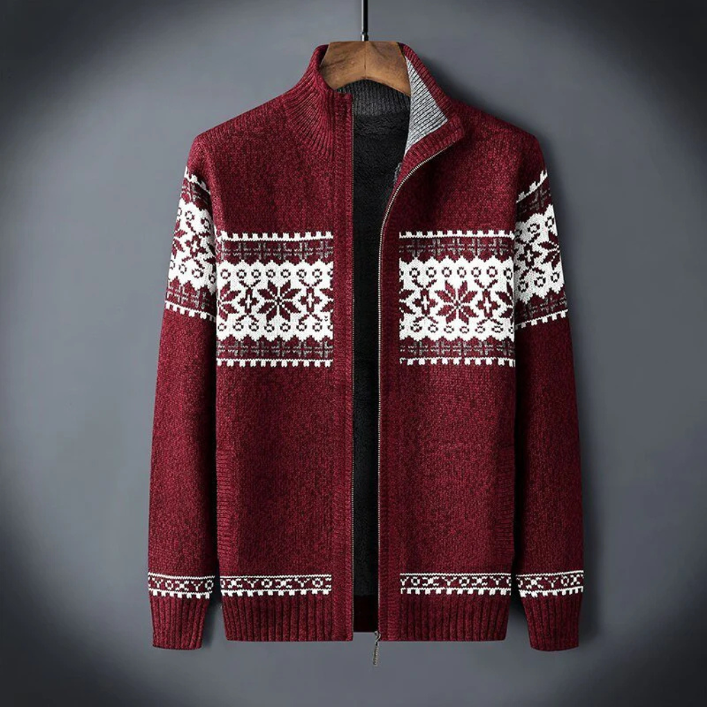 Stilig rød menns strikkegenser/cardigan i myk kvalitet. Perfekt for lag-på-lag og komfortabel høstmote.