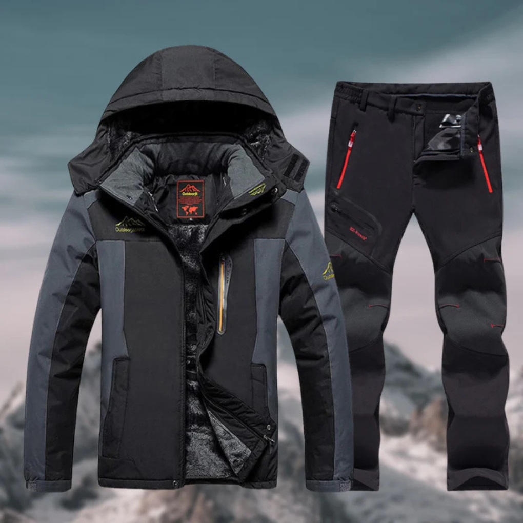 Menns værbestandige skidress for ski. Inkluderer jakke og bukser, perfekt som varmt snøtøy for vinterbruk.