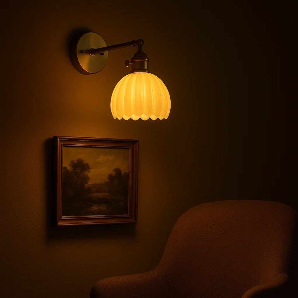 Retro tulipan vegglampe i glass montert på vegg, gir koselig belysning og dekorasjon.