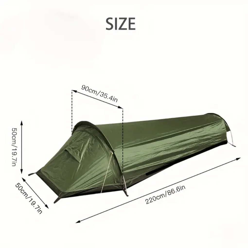 Oransje og grønt enmannstelt, vanntett for friluftsliv. Kompakt lettvektstelt for solo camping og fottur.