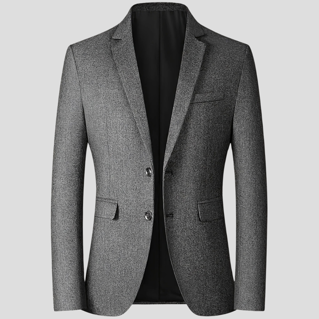 Elegant mørkeblå herreblazer, ideell for profesjonell business og stilige formelle anledninger.