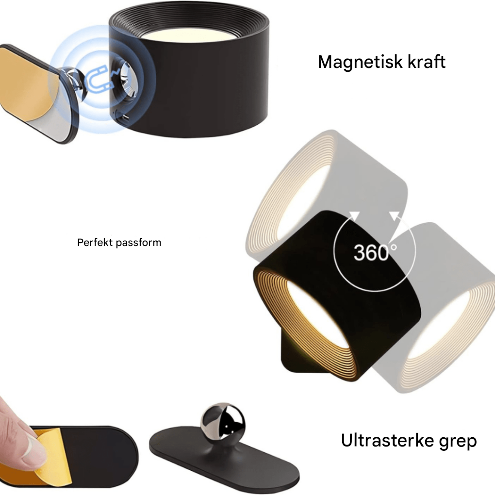 Detaljert bilde av moderne trådløs LED-vegglampe i minimalistisk design, med justerbar 360° lyskilde.