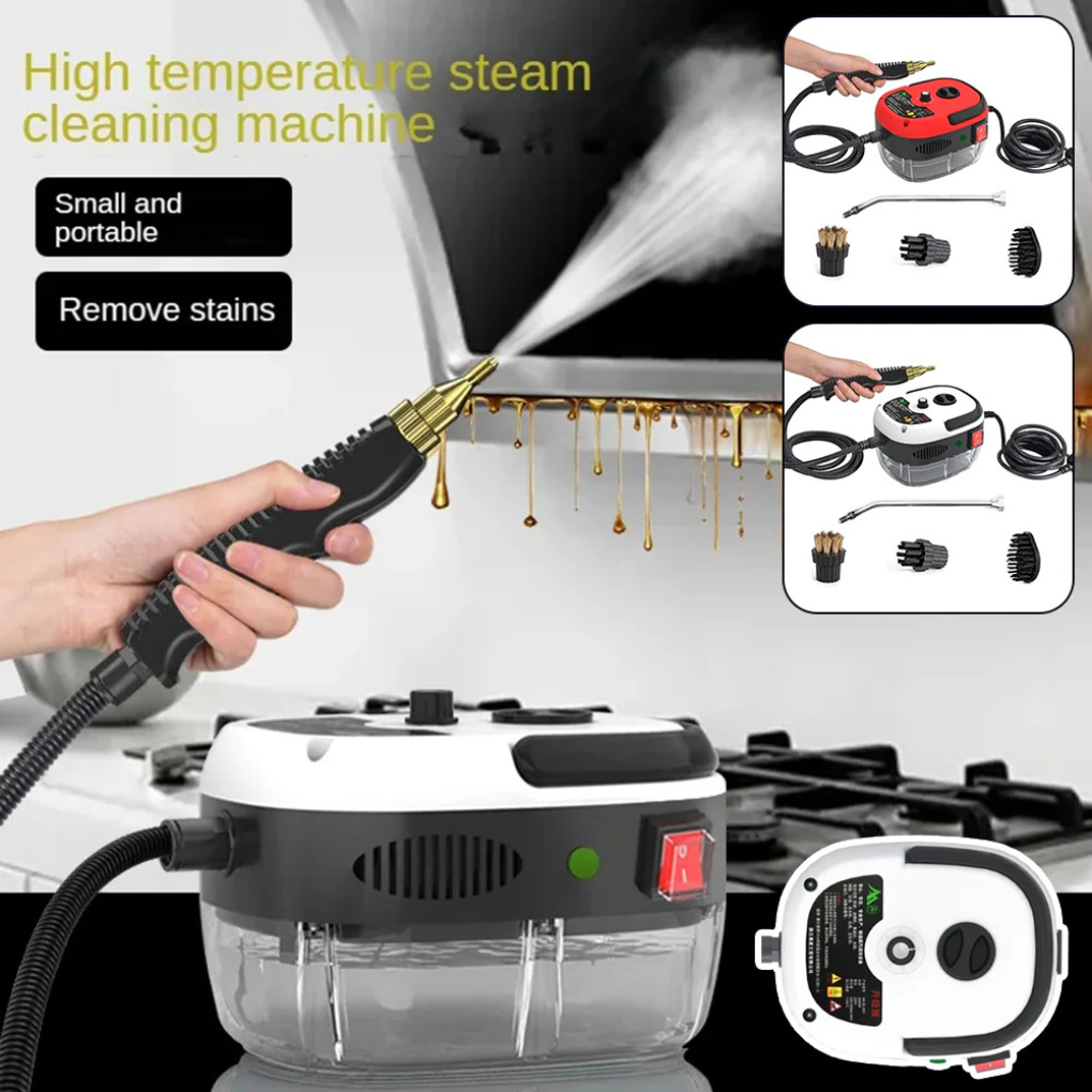Hvit og rød multifunksjonell damprenser for husholdning og bil. Kraftig steam for grundig rengjøring.