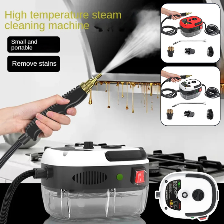 Hvit og rød multifunksjonell damprenser for husholdning og bil. Kraftig steam for grundig rengjøring.