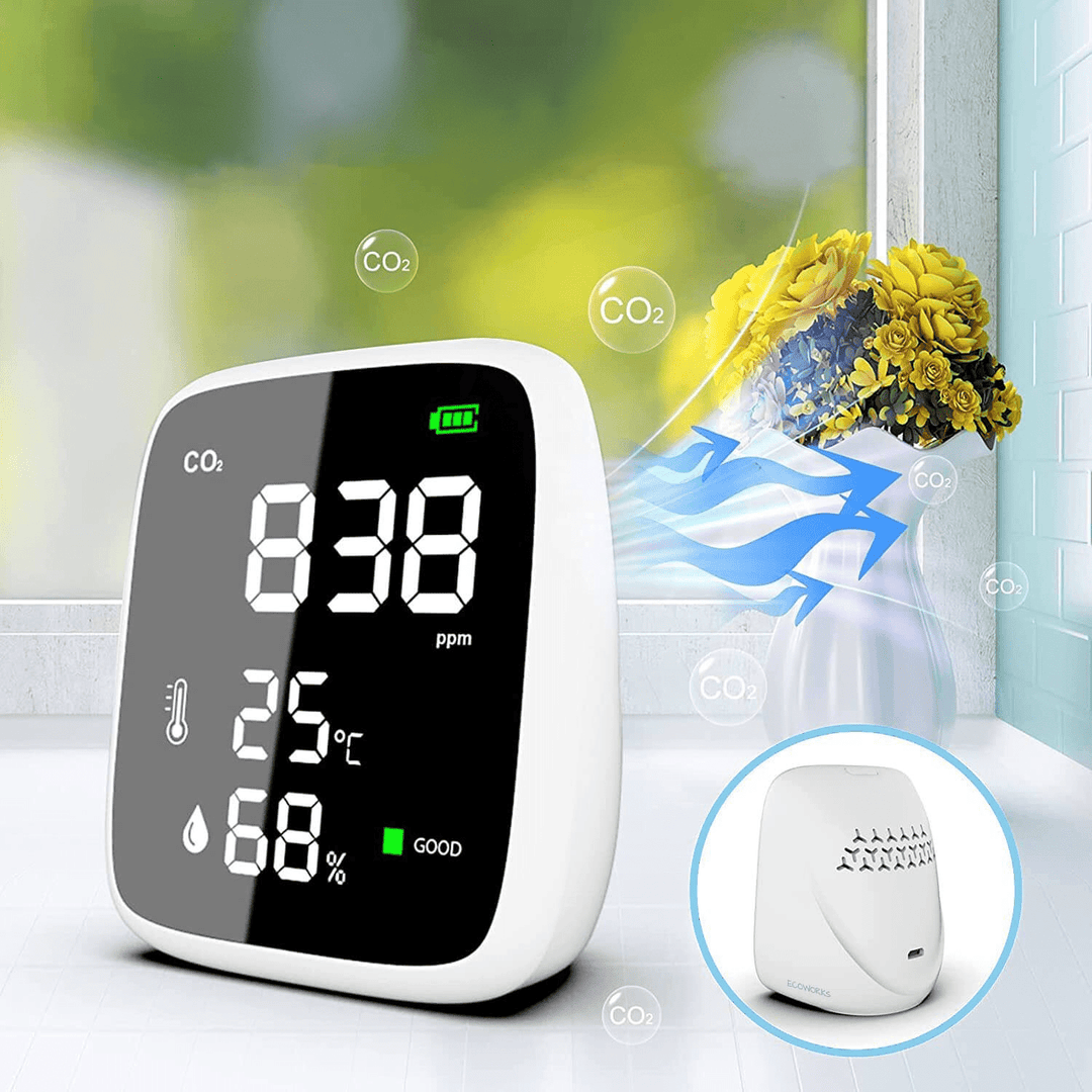 Trådløs Ecoworks CO2-måler med sensor for temperatur og fuktighet, perfekt for hjem og kontor.
