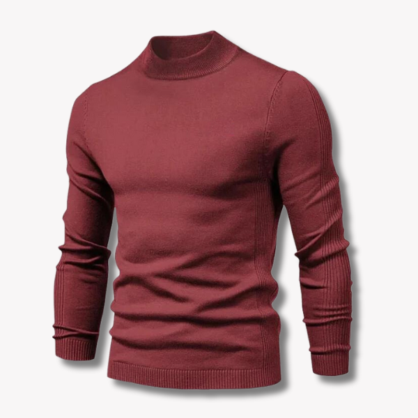 Ryggside av varm herregenser i ull. Tidløs, komfortabel og slim fit strikkegenser for vintermote.