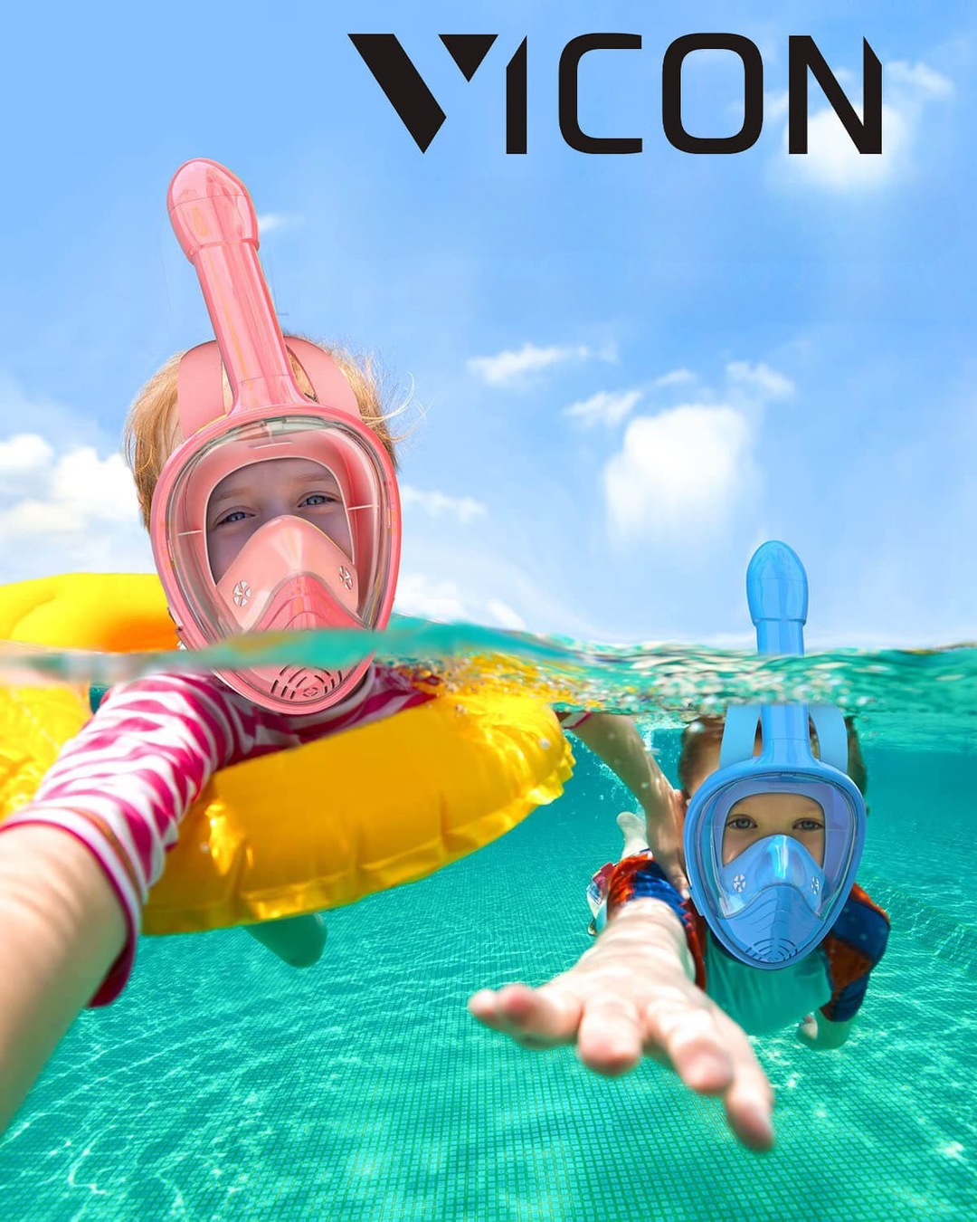 Jente nyter svømming med Vicon helmaske snorkel; enkel pusting og krystallklar undervannssikt.