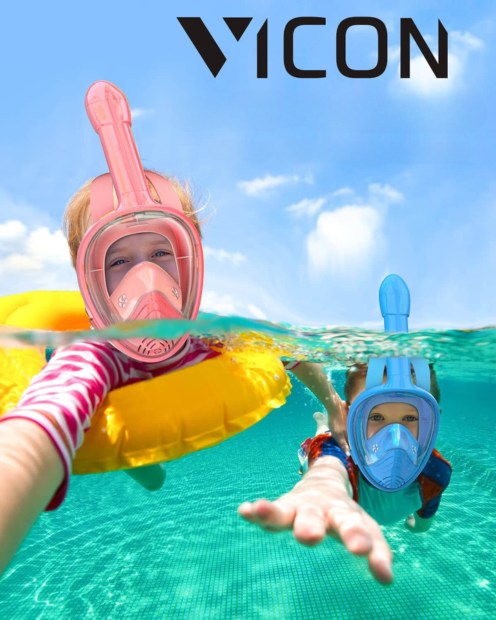 Jente nyter svømming med Vicon helmaske snorkel; enkel pusting og krystallklar undervannssikt.