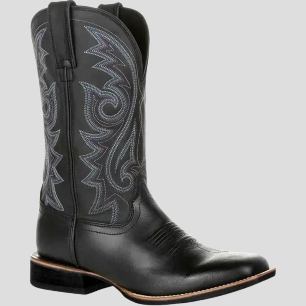 Svarte herre cowboystøvler i PU-skinn, klassisk western boots. Ideell som motestøvel.