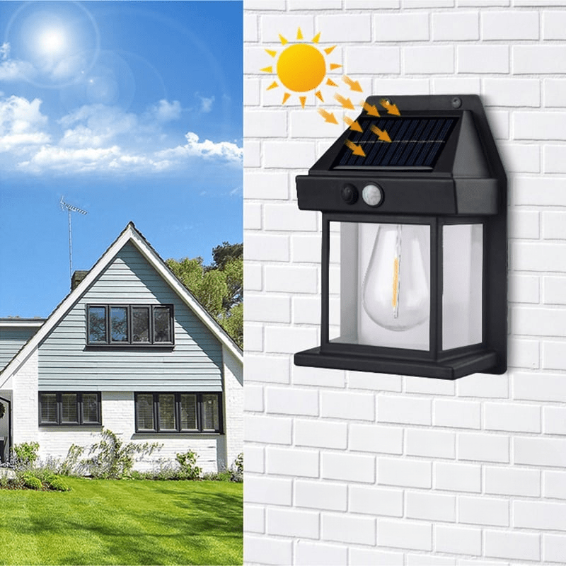 Svart solcelle vegglampe for utebelysning, med bevegelsessensor og vanntett design.