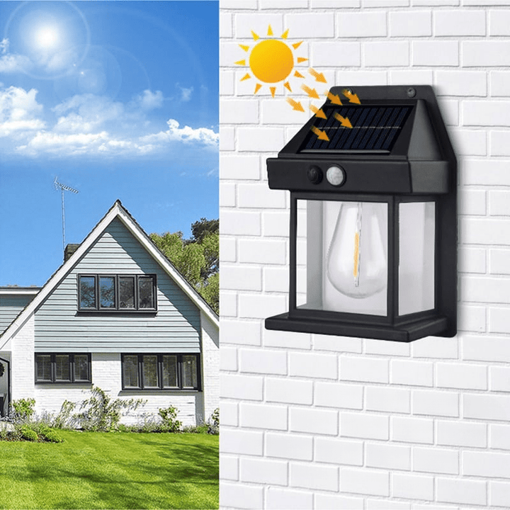 Svart solcelle vegglampe for utebelysning, med bevegelsessensor og vanntett design.
