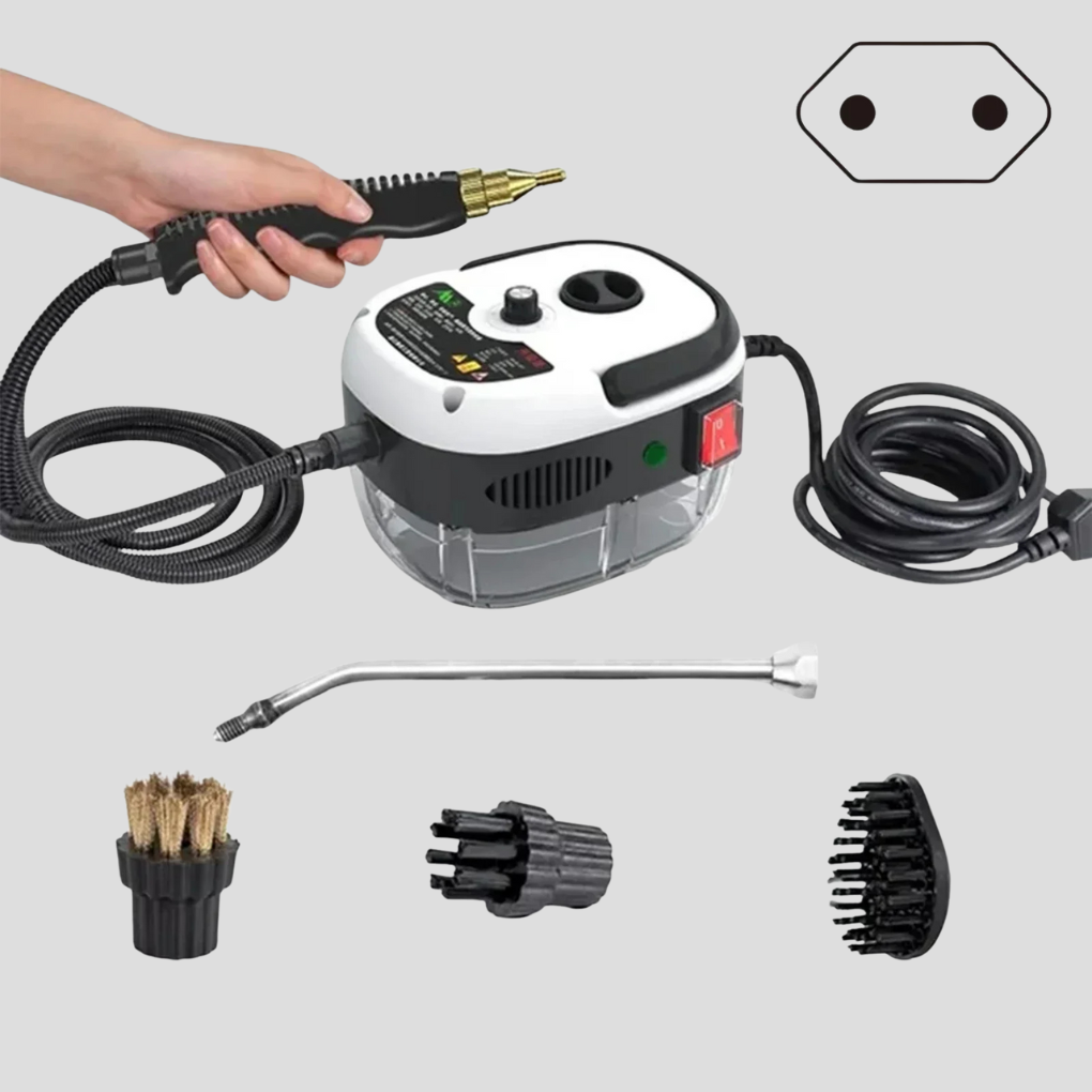 Kraftig 2500W damprenser for dyp rengjøring av hjem og bil. Hvit/rød multifunksjonell steamvasker.