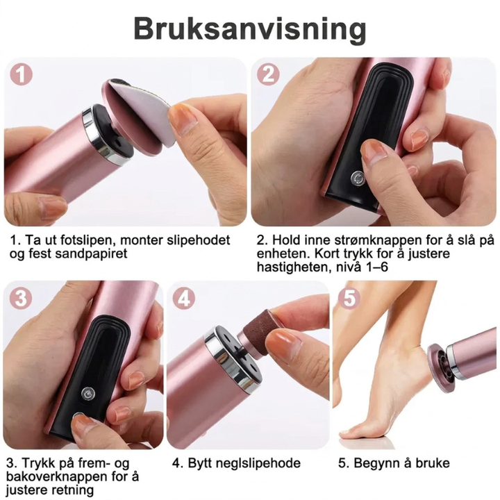 Person bruker elektrisk fotfil på foten. Fjerner skånsomt hard hud, gir perfekt pedikyr og velvære hjemme.
