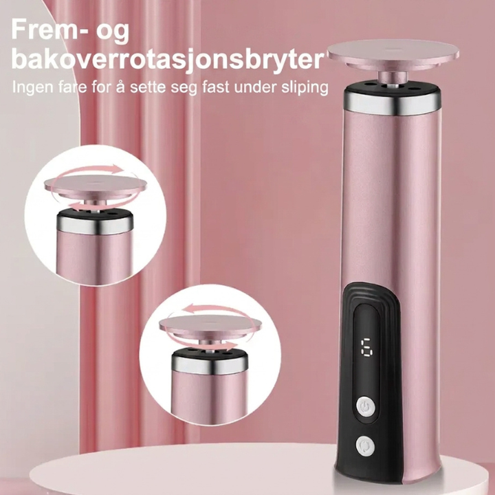 Detaljbilde av neglepolereren på den elektriske fotfilen. Profesjonell hjemmebehandling for glatte negler og føtter.