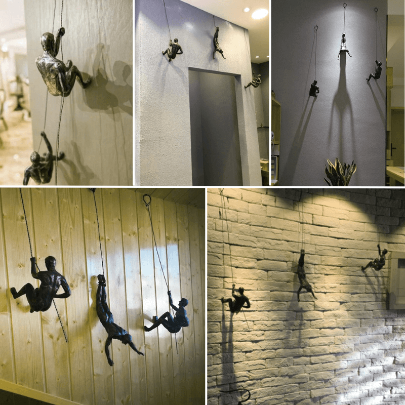 Figurativ kunst: klatrende figurer som veggdekorasjon. Industriell stil, moderne og stilrent.