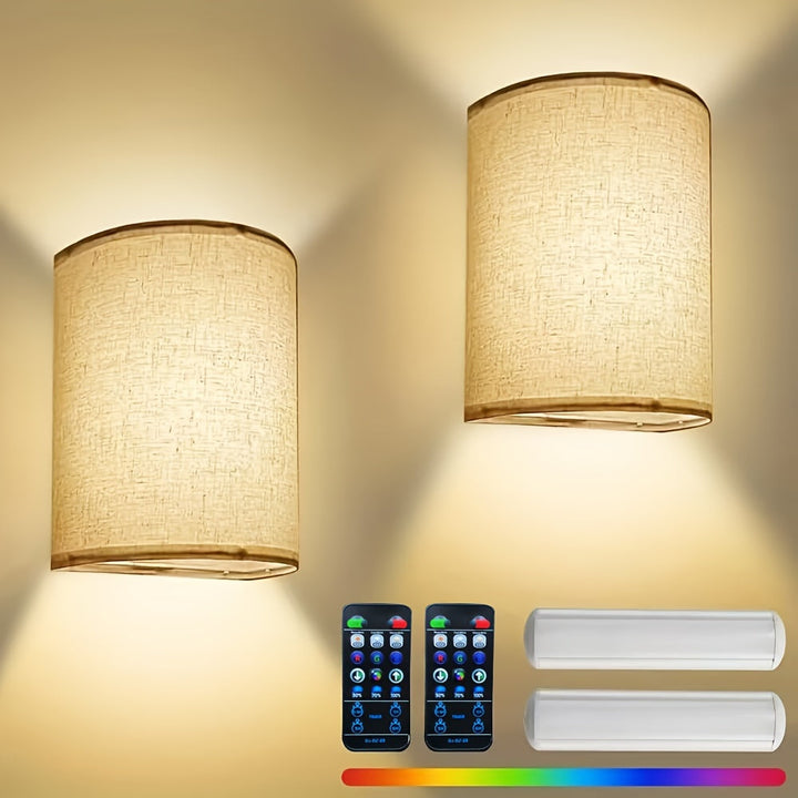 Oppladbar trådløs vegglampe med fjernkontroll, gir fargevalg og dimbar LED belysning for stilren interiør.
