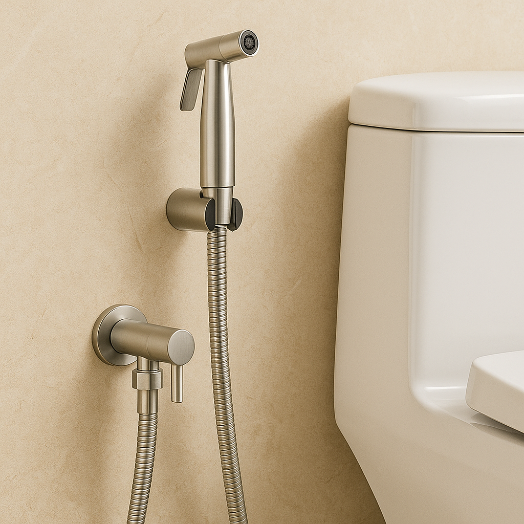 Moderne bidet sprøyte i svart design med justerbar stråle for effektiv rengjøring og personlig pleie på badet.
